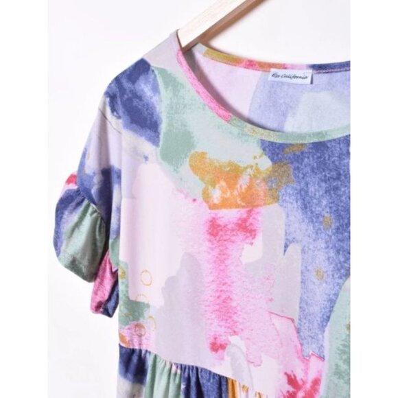 Watercolor Tiered Babydoll Dress Short Sleeve Lightweight Multicolor Womens Dres - Picture 2 of 7